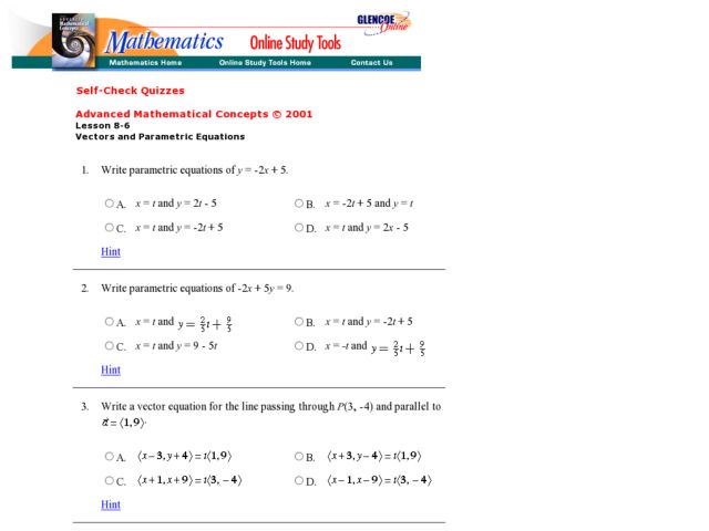 Worksheets Parametric Equations Worksheet glencoe vectors and parametric equations 9th 12th grade worksheet lesson planet