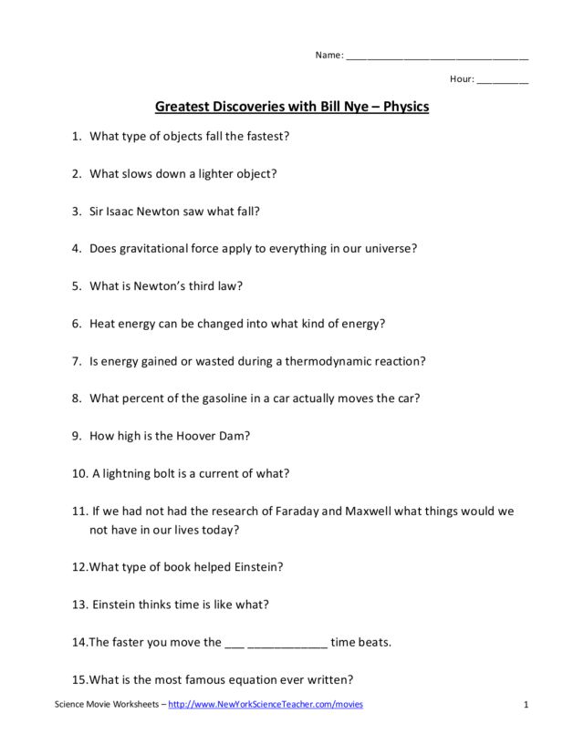 Printables Physics Worksheets greatest discoveries with bill nye physics 5th 10th grade worksheet lesson planet