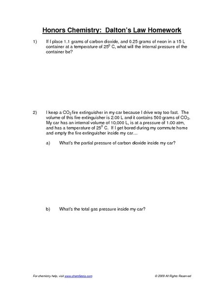Printables Honors Chemistry Worksheets honors chemistry gas laws worksheet intrepidpath dalton 39 s law homework 9th 12th grade worksheet