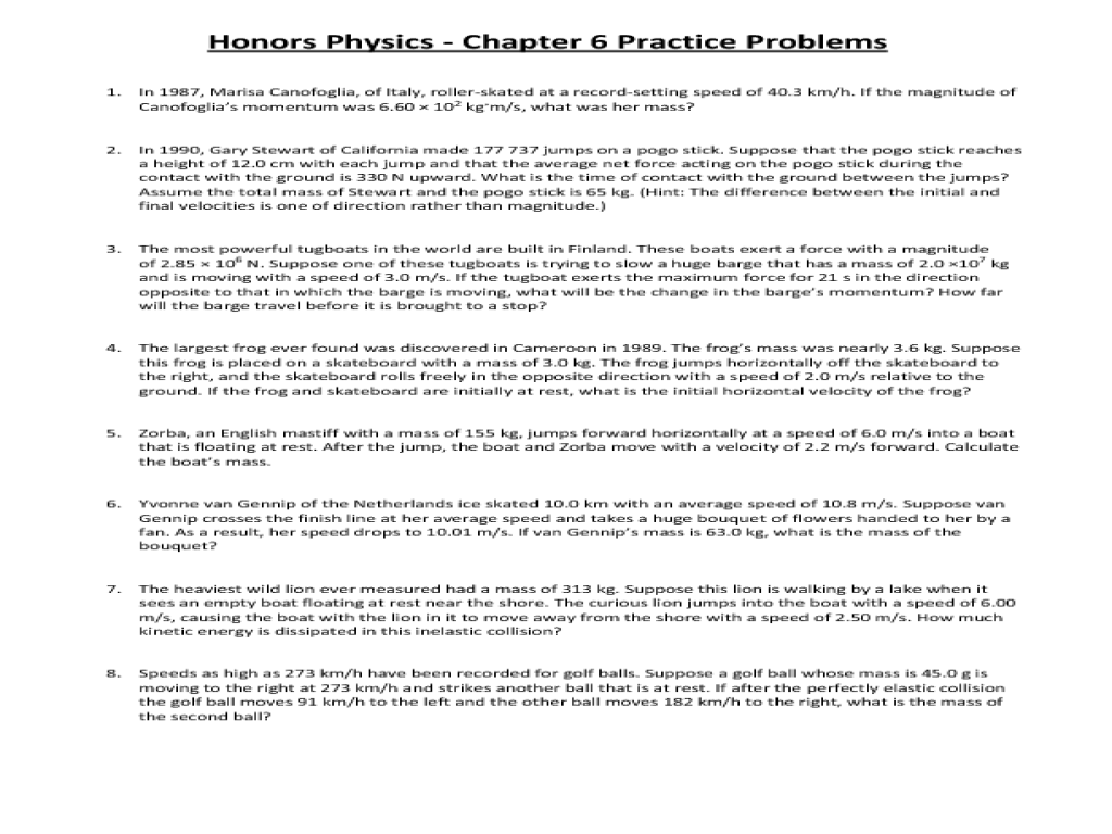 Worksheets Momentum Problems Worksheet honors physics chapter 6 practice problems 11th 12th grade worksheet lesson planet