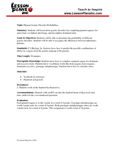 Worksheets Human Genetic Disorders Worksheet human genetic disorder probabilities 9th 12th grade worksheet lesson planet