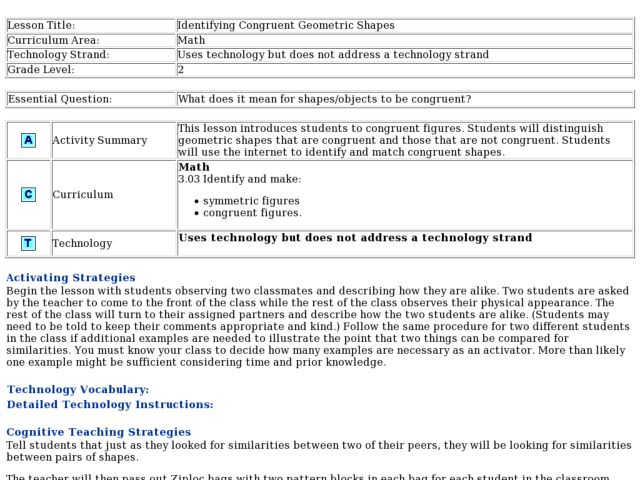 identifying congruent geometric shapes 2nd grade lesson plan