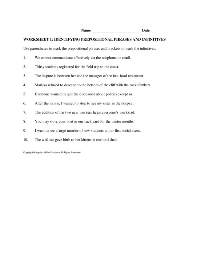 Printables Prepositional Phrases Worksheet identifying prepositional phrases and infinitives 3rd 8th grade worksheet lesson planet