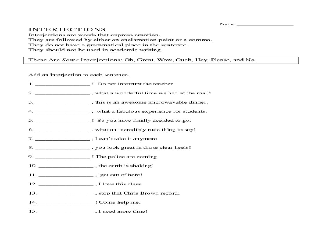 Printables Interjections Worksheet interjections worksheet davezan interjections