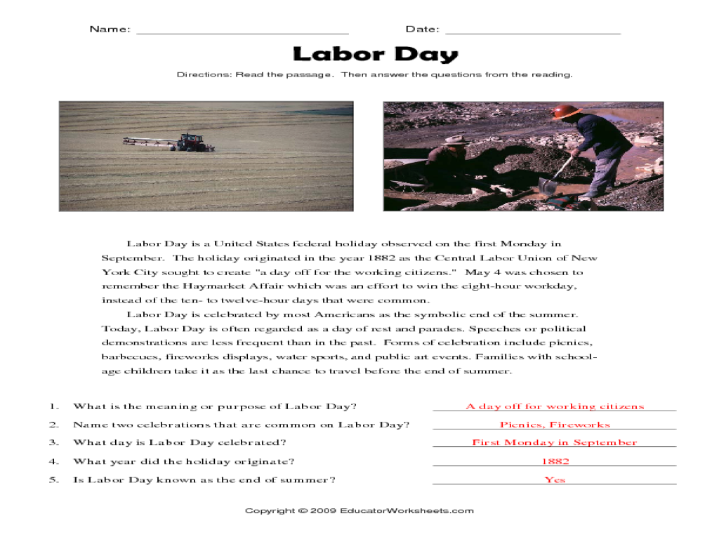 Printables Labor Day Worksheets labor day worksheets elementary intrepidpath reading prehension 3rd 5th grade worksheet