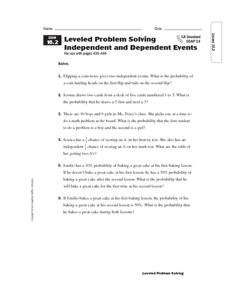 Worksheets Independent And Dependent Events Worksheet leveled problem solving independent and dependent events 6th grade worksheet lesson planet