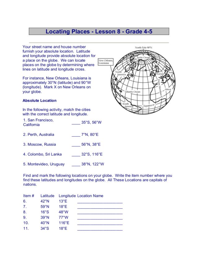 Worksheets Absolute Location Worksheet locating places 4th 5th grade worksheet lesson planet