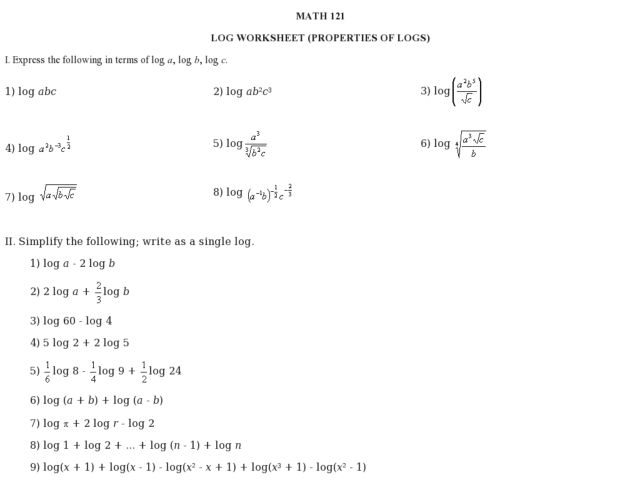 Printables Properties Of Logs Worksheet printables properties of logs worksheet safarmediapps worksheets log 11th 12th grade lesson planet