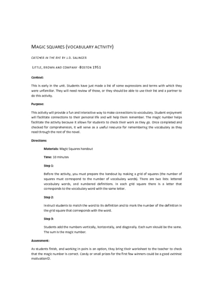 Printables Catcher In The Rye Worksheets magic squares vocabulary catcher in the rye 10th 12th grade worksheet lesson planet