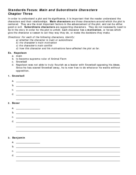 Printables Character Motivation Worksheet main and subordinate characters of animal farm 8th 12th grade lesson plan planet