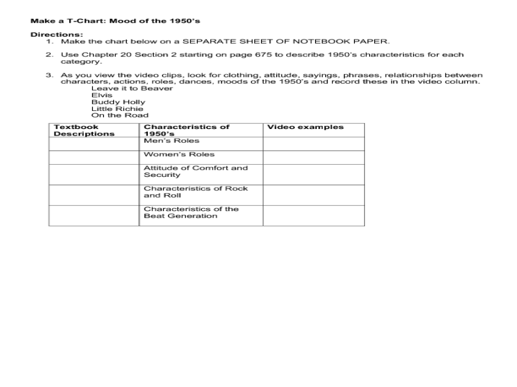 worksheet Mood Worksheet make a t chart mood of the 1950s 8th 12th grade worksheet lesson planet