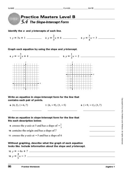 Worksheets Slope Intercept Form Worksheets masters level b 5 4 the slope intercept form 9th 11th grade worksheet lesson planet