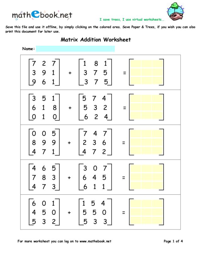 Printables Matrices Worksheets adding matrices worksheet davezan and subtracting worksheets davezan