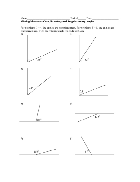 Printables Complementary And Supplementary Angles Worksheet missing measures complimentary and supplementary angles 4th 6th grade worksheet lesson planet