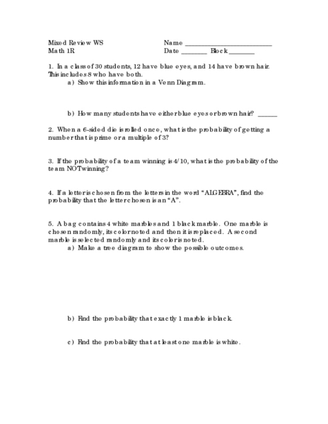 Printables Probability Review Worksheet mixed review worksheet probability 8th 10th grade lesson planet