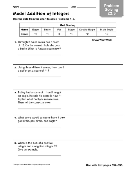 Printables Free Integer Word Problems Worksheet model addition of integers problem solving 22 3 6th 7th grade worksheet lesson planet