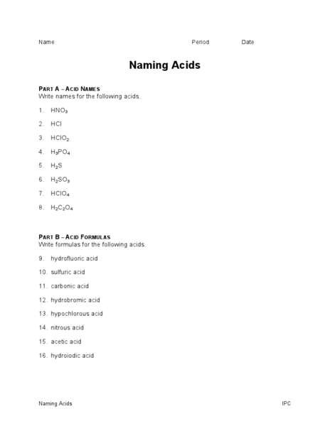 Printables Naming Acids Worksheet naming acids worksheet precommunity printables worksheets 9th 12th grade lesson planet