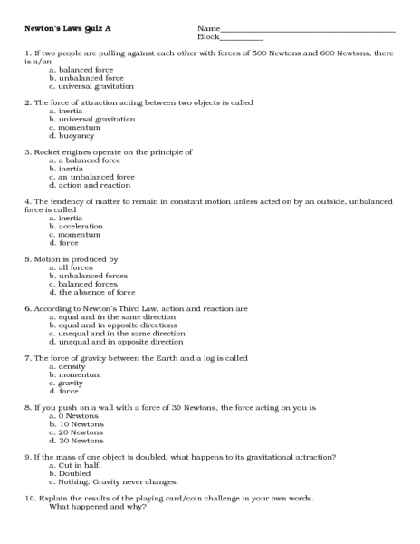 Printables Newtons Laws Worksheet newtons laws quiz 9th 12th grade worksheet lesson planet