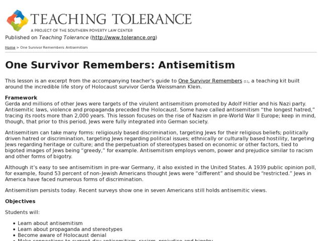 Teaching Tolerance Lesson Plans Lawteched One Survivor Remembers Anti Semitism 8th 12th Grade Lesson Plan