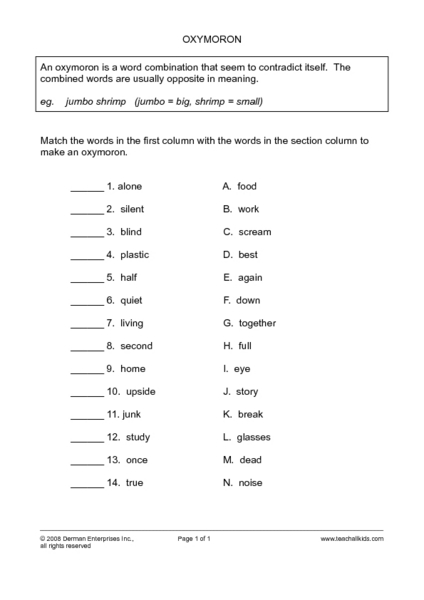 Worksheets Oxymoron Worksheet oxymoron 4th 6th grade worksheet lesson planet