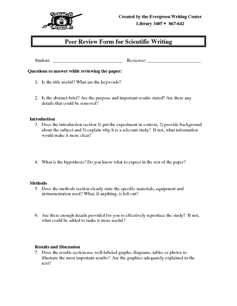 Printables Peer Review Worksheet peer review form for scientific writing 10th 12th grade worksheet lesson planet