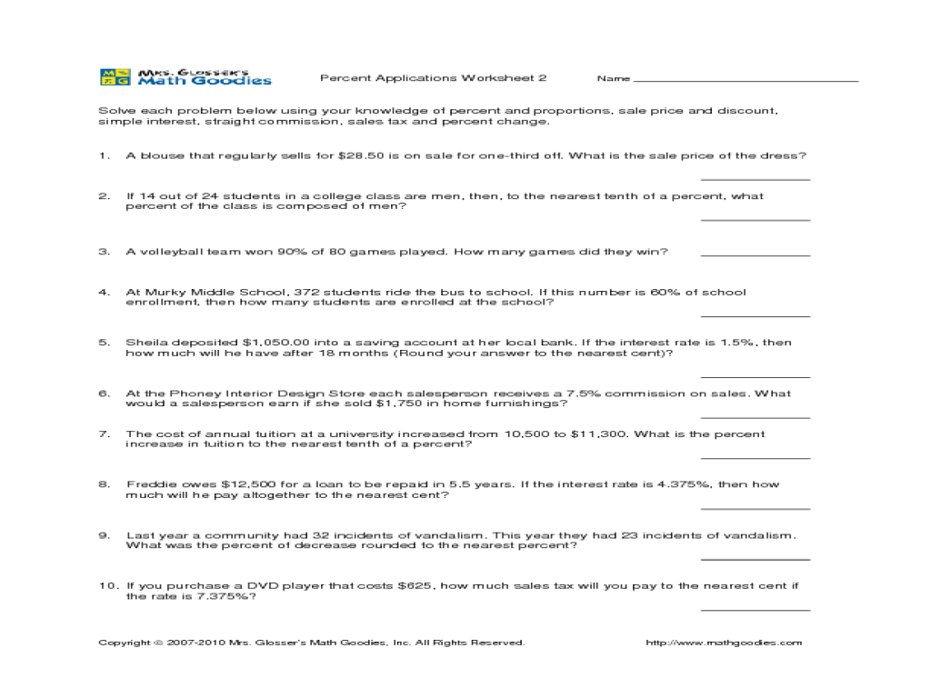 worksheet Percents Worksheet applying percents worksheets also percent applications worksheet davezan