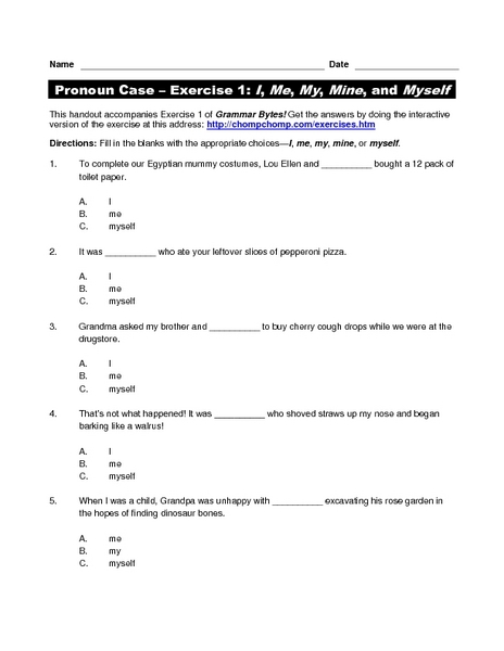 Printables Pronoun Case Worksheet pronoun case i me my mine and myself 4th 5th grade worksheet lesson planet