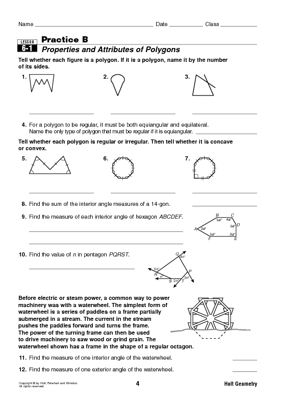 Interior And Exterior Angles Of Polygons Worksheet Key Properties And Attributes Of Polygons 10th Grade Worksheet