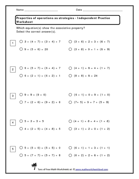 Worksheets Properties Of Operations Worksheet properties of operations as strategies independent practice worksheet 2nd 5th grade lesson planet