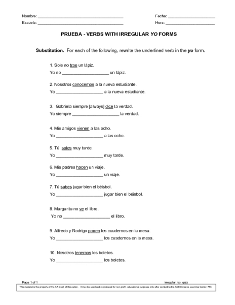 Verbs With Irregular Yo Forms Worksheet form of verb worksheets complete the sentence with Verbs With Irregular Yo Forms Worksheet form of verb worksheets complete the sentence with