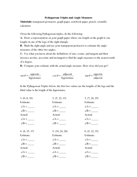 Worksheets Pythagorean Triples Worksheet pythagorean triples and angle measures 11th 12th grade worksheet lesson planet