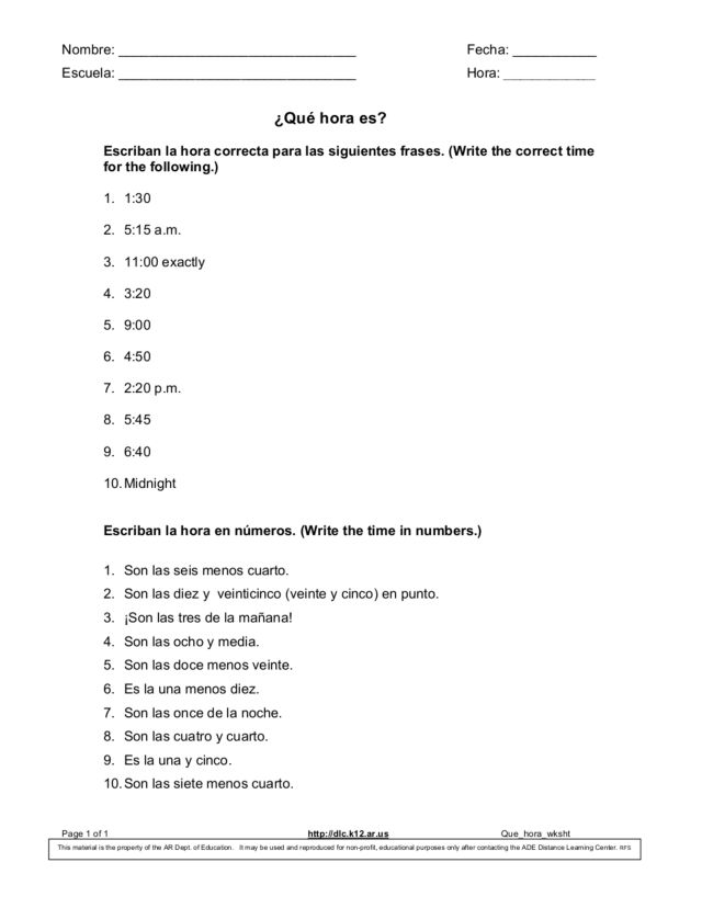 Printables Que Hora Es Worksheet hora es 6th 8th grade worksheet lesson planet planet
