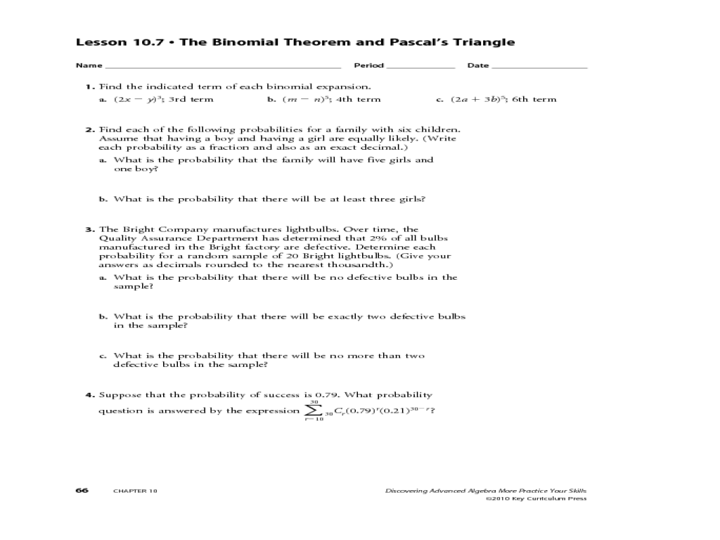 worksheet Binomial Theorem Worksheet randomness and probability 11th grade worksheet lesson planet