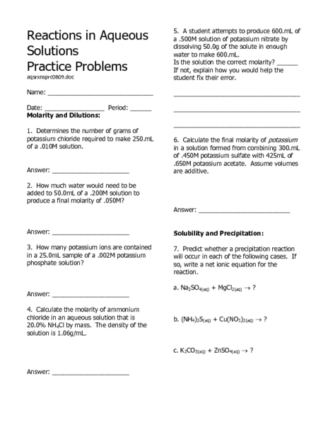 Worksheets Reactions In Aqueous Solutions Worksheet reactions in aqueous solutions worksheet syndeomedia 9th 12th grade lesson