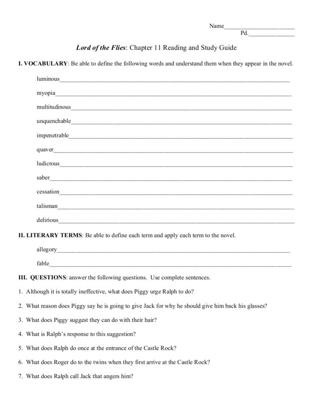 Printables Lord Of The Flies Vocabulary Worksheet lord of the flies worksheets davezan reading and study guide chapter 11 9th 12th
