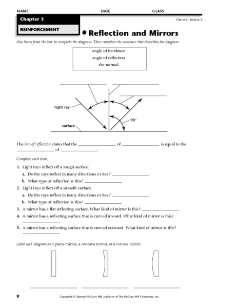 Worksheets Reflection And Refraction Worksheet reflection and mirrors 9th 12th grade worksheet lesson planet