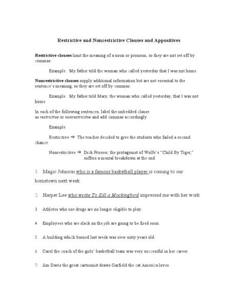 Worksheets Appositives Worksheet appositive phrase worksheet with answer key intrepidpath restrictive and nonrestrictive clauses appositives 9th 11th grade lesson pla