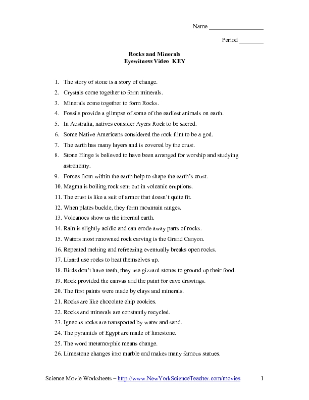 Worksheet Rocks And Minerals Worksheets rocks and minerals eyewitness video key 6th 12th grade worksheet lesson planet