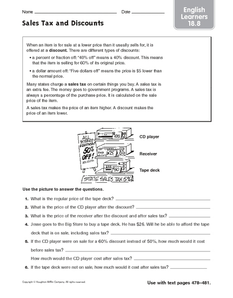 Printables Sales Tax Worksheet sales tax and discounts english learners 5th 10th grade worksheet lesson planet