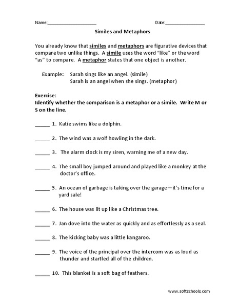 Similes And Metaphors Worksheet