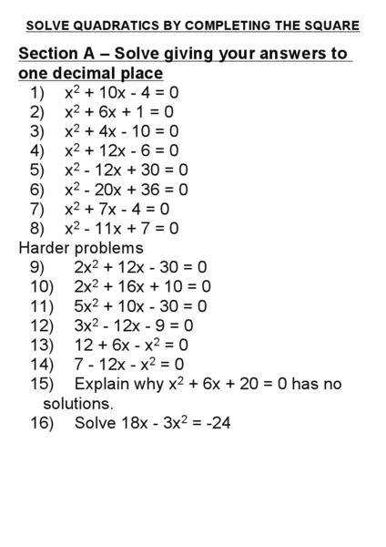 Printables Completing The Square Worksheet solve quadratics by completing the square 6th 8th grade worksheet lesson planet