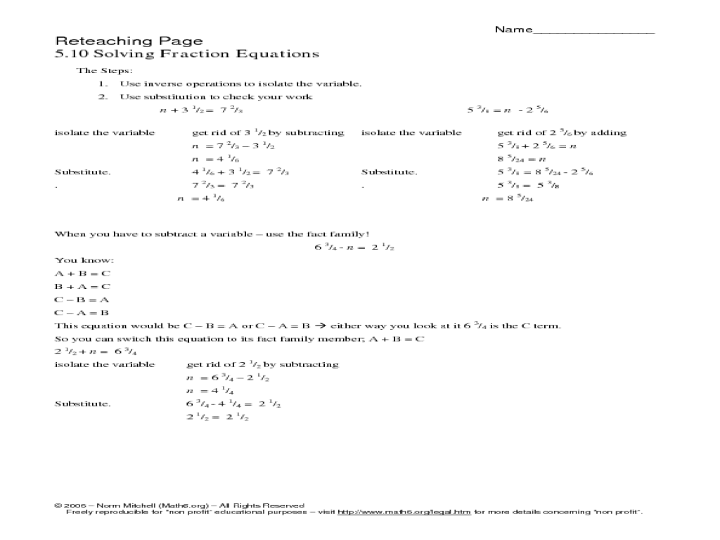 Worksheets Solving Fractional Equations Worksheet solving addition and subtraction equations worksheets free fraction 4th grade algebraic thinking reteach 5 10 worksheet fraction