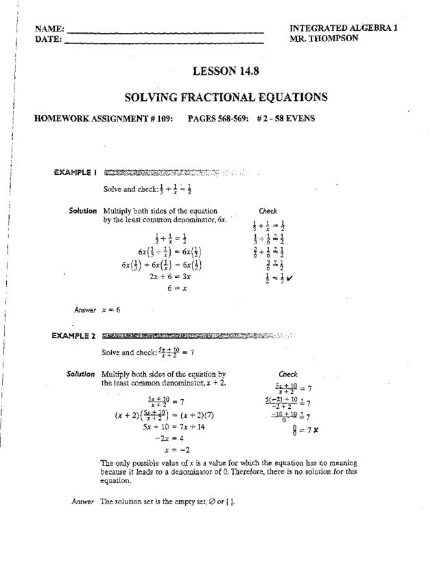 Worksheets Solving Fractional Equations Worksheet solving fractional equations 9th grade worksheet lesson planet