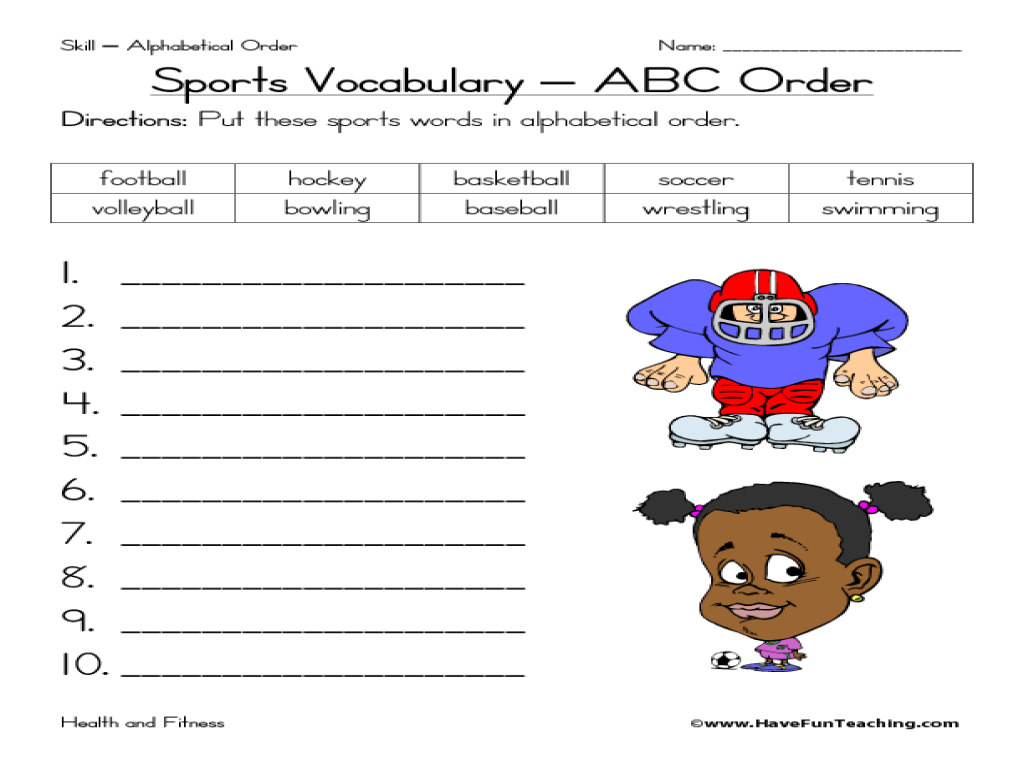 worksheet Sports Worksheets sports vocabulary abc order 2nd 3rd grade worksheet lesson planet