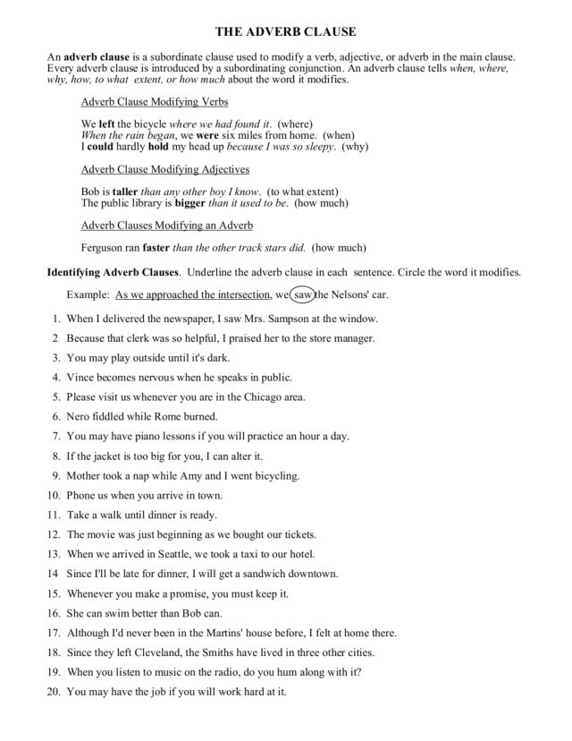 Printables Adverb Clause Worksheet the adverb clause 9th grade worksheet lesson planet