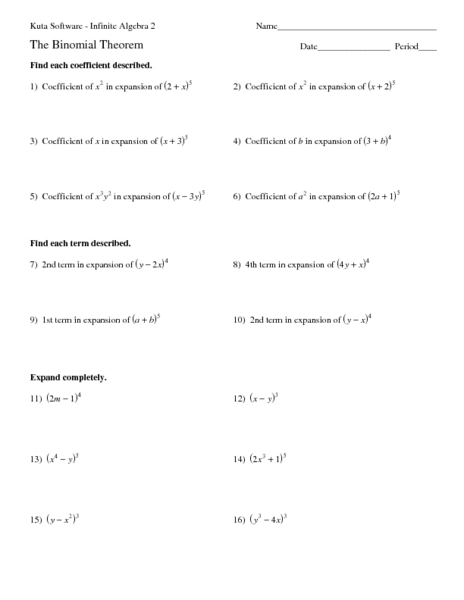 Printables Binomial Theorem Worksheet the binomial theorem 9th 12th grade worksheet lesson planet