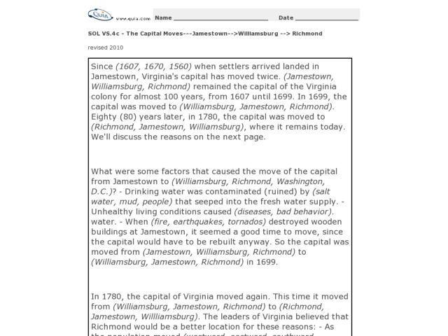 Printables Jamestown Worksheet the capital moves jamestown williamsburg richmond 8th 9th grade worksheet lesson planet