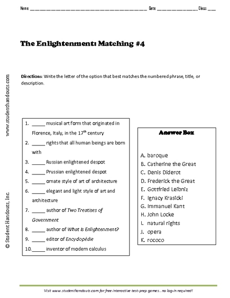 Worksheets Enlightenment Worksheet the enlightenment matching activity 4 7th 9th grade worksheet lesson planet