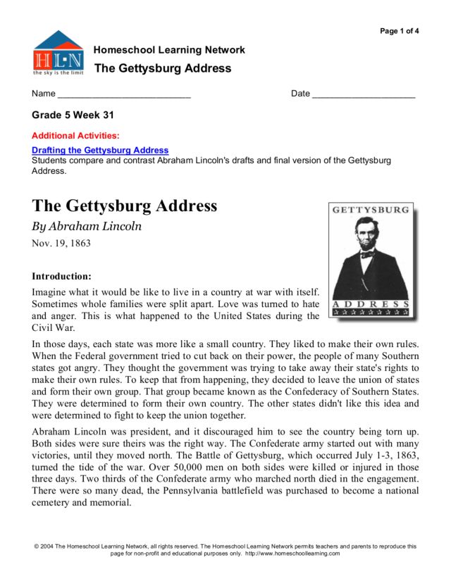 Printables Gettysburg Address Worksheet the gettysburg address 5th 6th grade worksheet lesson planet