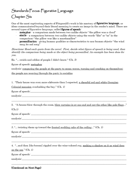 Worksheets The Great Gatsby Worksheets the great gatsby standard focus figurative language chapter six 12th higher ed worksheet lesson planet
